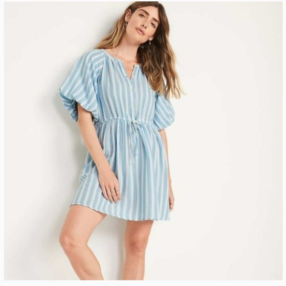 Old Navy Waist-Defined Puff-Sleeve Printed Mini Shirt Dress